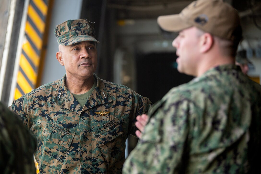 U.S. Marine Corps Lt. Gen. Brian W. Cavanaugh, the commanding general of Fleet Marine Force, Atlantic, Marine Forces Command, Marine Forces Northern Command, speaks with sailors aboard the USS Mesa Verde (LPD 19) during a ship tour on Naval Station Norfolk, Virginia, Feb. 15, 2023. Cavanaugh toured the ship to evaluate operational readiness impacts and to be provided a better understanding of the ship’s daily restraints. The San Antonio-class amphibious transport dock ship LPD 19 works in tandem with Marine Corps Marine Expeditionary Units due to it being specifically designed to accommodate Landing Craft, Air Cushions and a helicopter pad for littoral mobility. (U.S. Marine Corps photo by Cpl. Angel Alvarado)