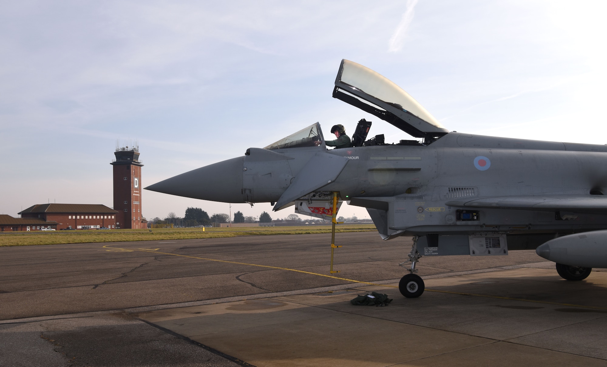 A Royal Air Force Eurofighter Typhoon FGR4 sits on the taxiway as its pilot does pre-checks prior to take-off at Royal Air Force Mildenhall, England, Feb. 15, 2023. The aircraft from RAF Coningsby, England, diverted here due to bad weather. The Typhoon is a highly capable and extremely agile multi-role combat aircraft, capable of being deployed for the full spectrum of air operations, including air policing, peace support and high-intensity conflict. (U.S. Air Force photo by Karen Abeyasekere)