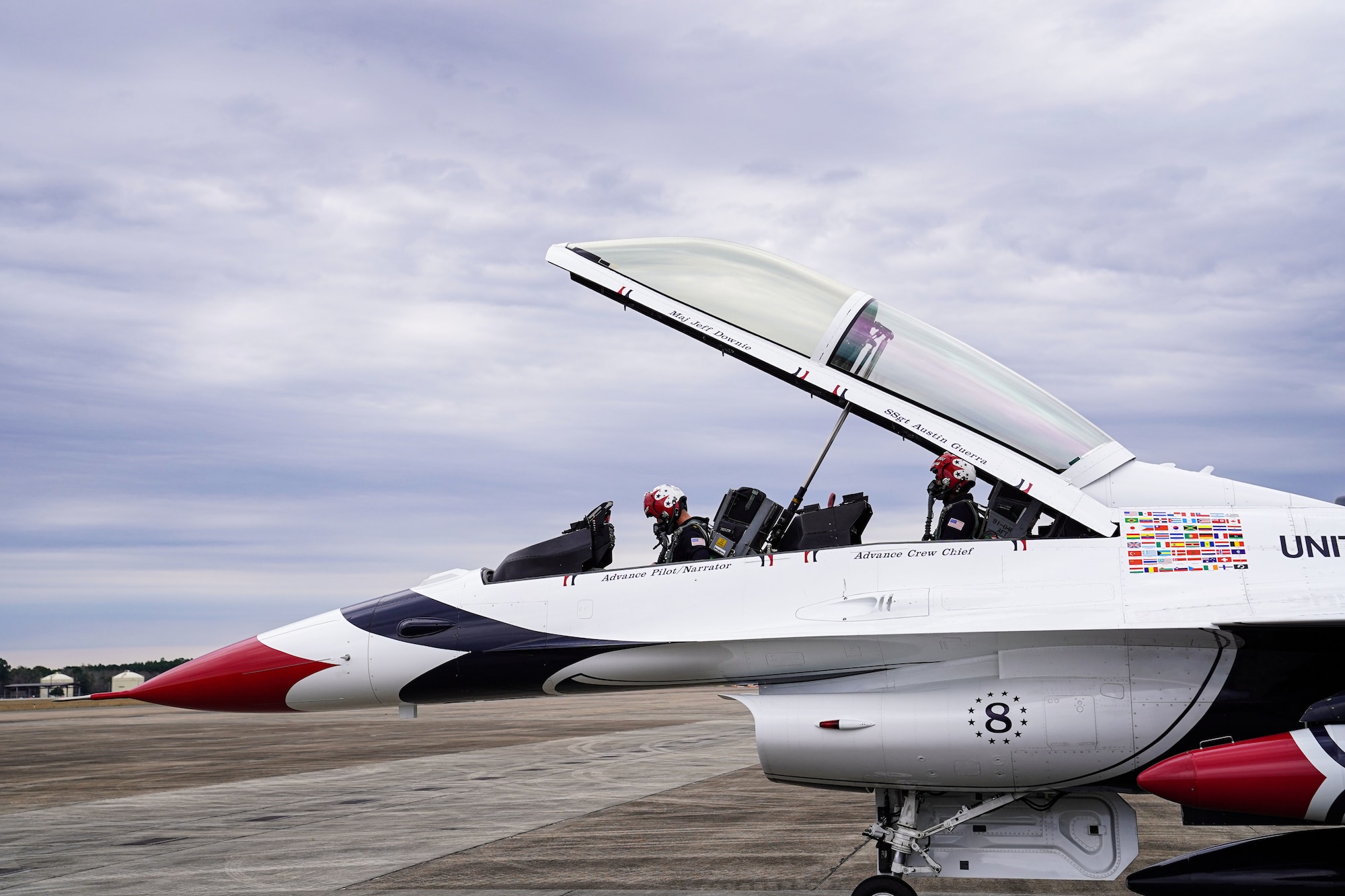 U.S. Air Force Maj. Jeff Downie, Thunderbird advance pilot and narrator, and Staff Sgt. Austin Guerra, Thunderbird 8 advanced crew chief, prepare for flight at the Combat Readiness Training Center, Mississippi, Feb. 10, 2023