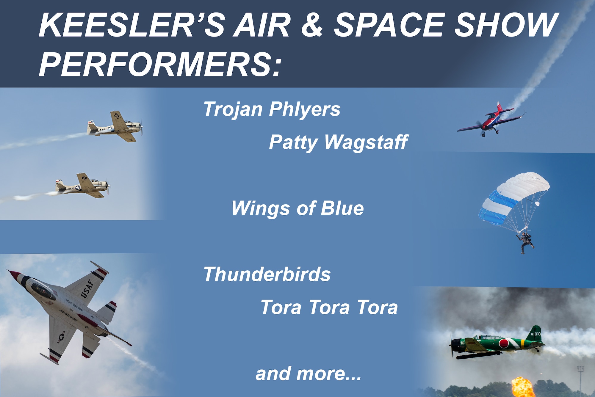This graphic was created Feb. 13, 2023 to list upcoming performers during the 2023 Thunder  Over the Sound Air Show at Keesler Air Force Base and Biloxi Beach.