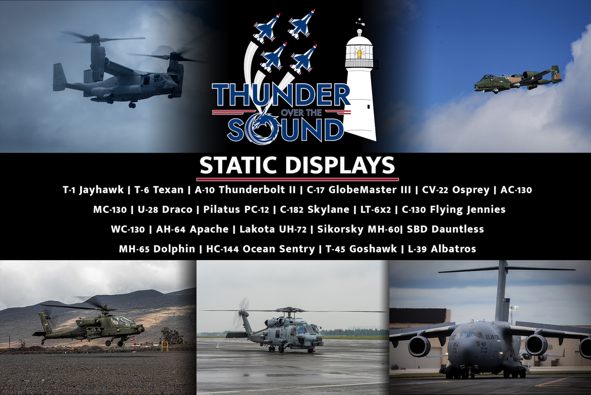 This graphic was created Feb. 13, 2023 to list upcoming static displays during the 2023 Thunder  Over the Sound Air Show at Keesler Air Force Base and Biloxi Beach.