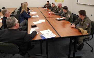 (Feb. 15, 2023) NAVAL AIR STATION PENSACOLA, Fla. -- A team from the American Council on Education interviews a group of Sailors in the Aircrewmen Helicopter (AWS) rating (E-4 through E-9) at the Center for Naval Aviation Technical Training headquarters. (U.S. Navy photo)