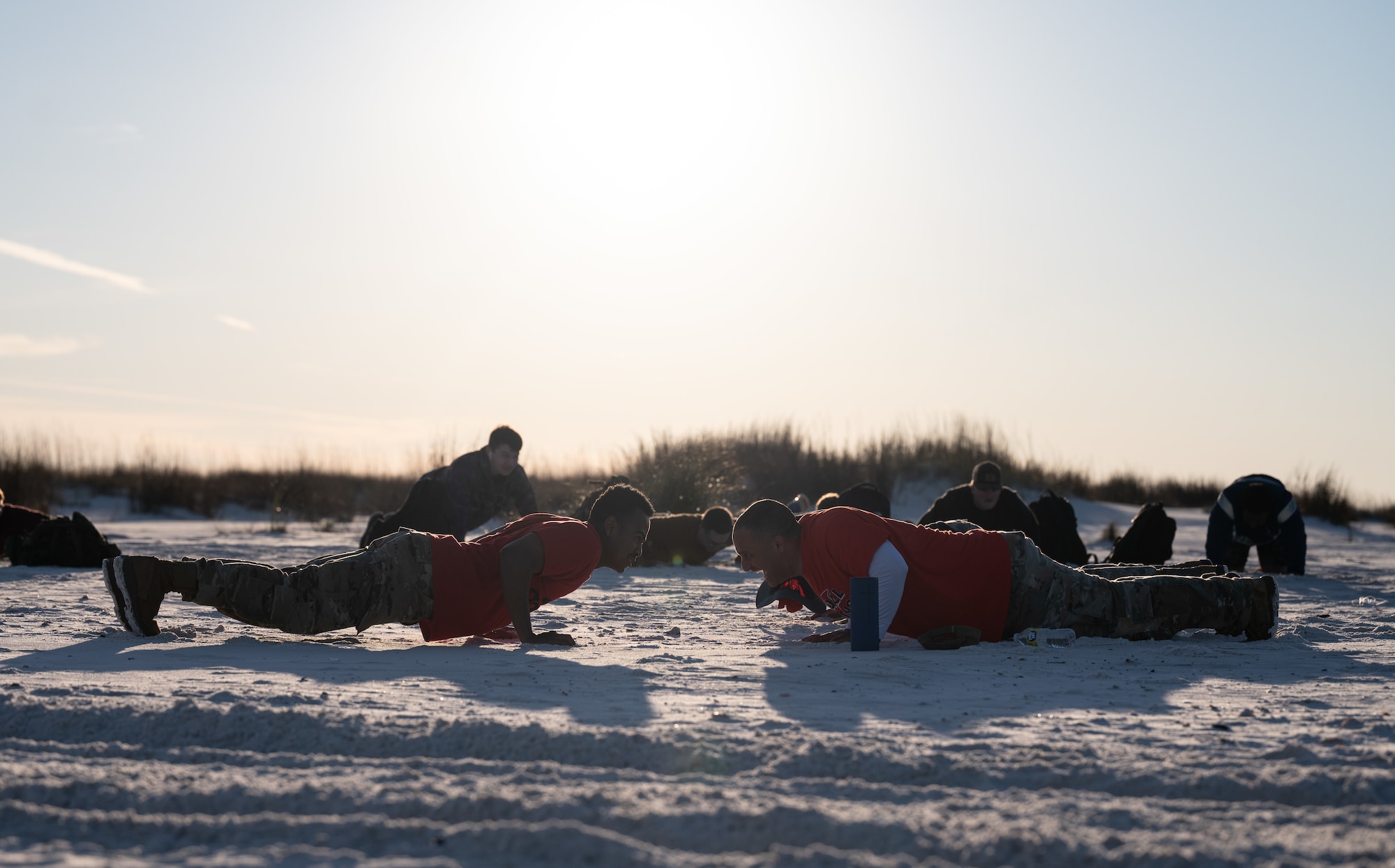 Two men are face to face as they perform pushups on the beach.