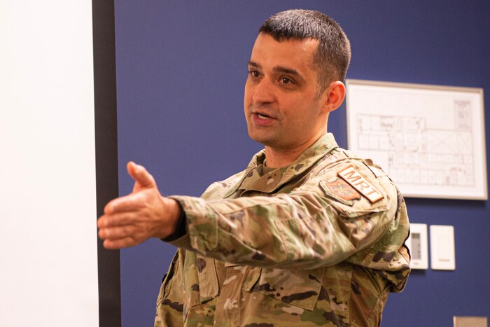 Master Sgt. Timothy LaSelle, 934th Major Support Group training manager, teaches a suicide prevention class to 934th Airlift Wing Airmen at Minneapolis-St. Paul Air Reserve Station, Minn., Jan. 24, 2023. The 934th Airlift Wing Sexual Assault Prevention and Response Office redesigned the annual SAPR training with a roleplaying scenario.