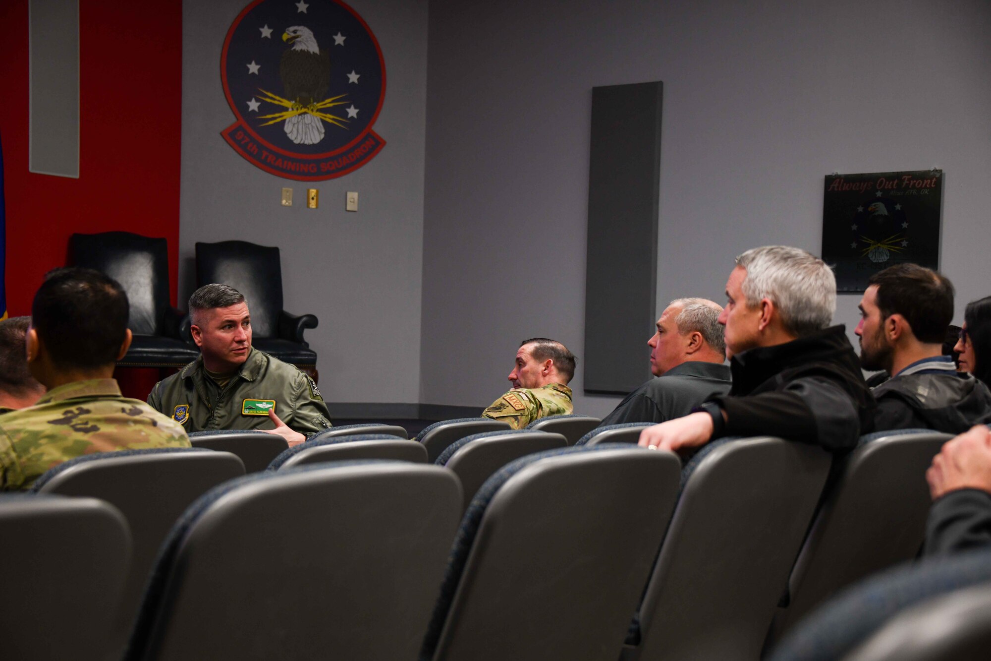 U.S. Air Force Col. David Fazenbaker, 62nd Airlift Wing (AW) commander, answers questions about bringing the Comprehensive Readiness for Aircrew Flying Training (CRAFT) program to the 62nd AW during a briefing with the 97th Training Squadron at Altus Air Force Base,Oklahoma, Feb. 9, 2023. The civic leaders had many questions about the CRAFT program and how their own mobility Airmen could receive similar training. (U.S. Air Force photo by Airman 1stClass Kari Degraffenreed)