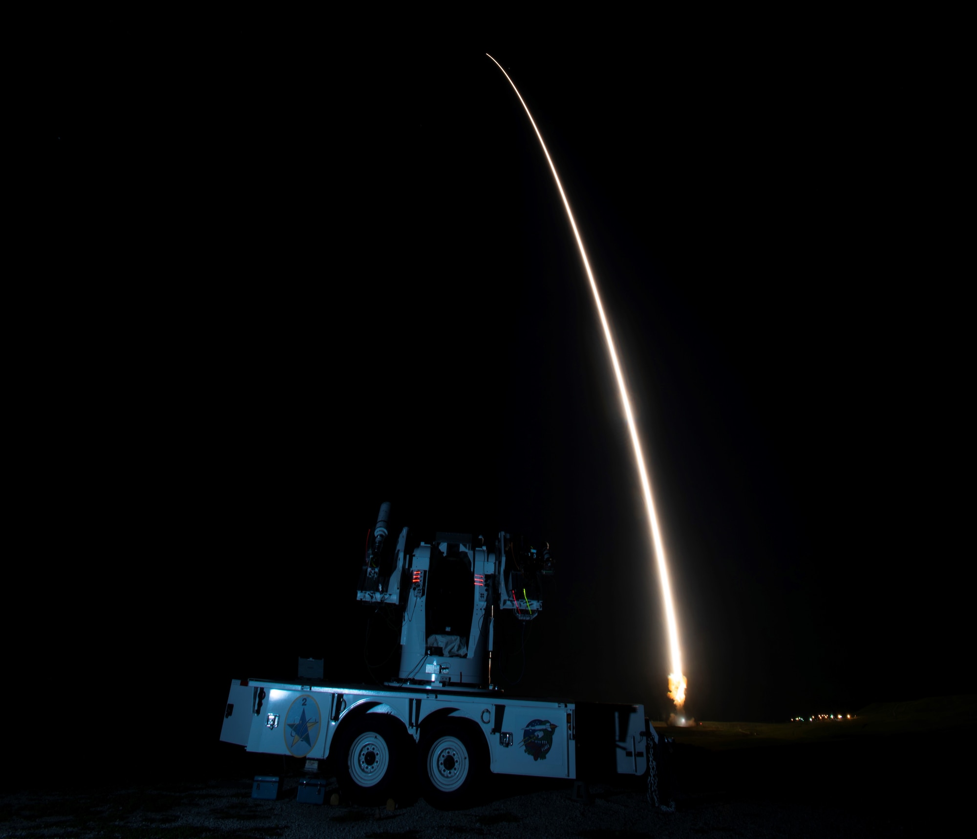 An Operational test launch of an Air Force Global Strike Command unarmed Minuteman III intercontinental ballistic missile, launched at 11:01 pm. Feb. 9 from Vandenberg Space Force Base, California.