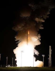 An Operational test launch of an Air Force Global Strike Command unarmed Minuteman III intercontinental ballistic missile, launched at 11:01 pm. Feb. 9 from Vandenberg Space Force Base, California.