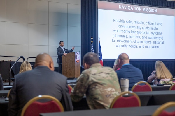 Justin R. Ehrenwerth, President and CEO of The Water Institute of the Gulf, delivers his keynote speech, “Enhancing benefits Evaluation for Water Resources Projects,” during the U.S. Army Corps of Engineers Galveston District’s winter edition of the biannual Stakeholder Partnering Forum (SPF) at Galveston Island’s Moody Gardens Convention Center. This SPF’s theme is “Partnering for a Sustainable Future.” The Galveston District conducts semi-annual SPFs with non-federal sponsors, customers and agency partners to collaborate on best practices regarding programs ranging from ecosystem restoration to flood risk management, maintaining and improving Texas coastal navigation systems, and regulatory oversight of U.S. waters. 

U.S. Army photo by Trevor Welsh.