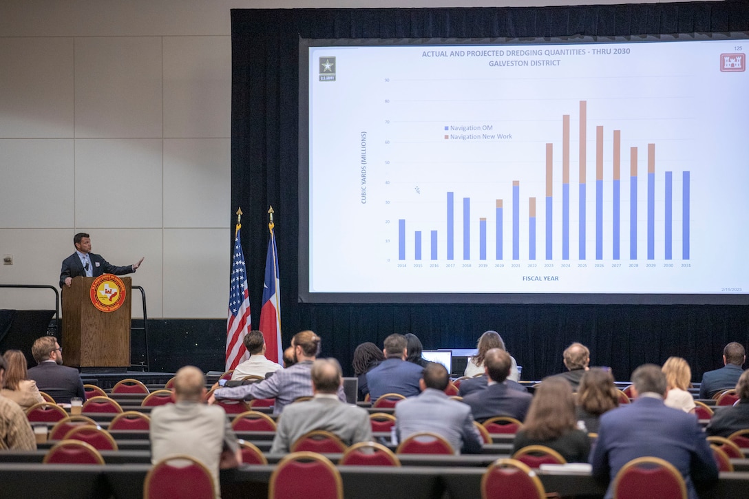 Chris Frabotta, Chief of Operations for the U.S. Army Corps of Engineers Galveston District, delivers a presentation on “Galveston District’s Beneficial use of Dredged Material,” during the winter edition of the biannual Stakeholder Partnering Forum (SPF) at Galveston Island’s Moody Gardens Convention Center. This SPF’s theme is “Partnering for a Sustainable Future.” The Galveston District conducts semi-annual SPFs with non-federal sponsors, customers and agency partners to collaborate on best practices regarding programs ranging from ecosystem restoration to flood risk management, maintaining and improving Texas coastal navigation systems, and regulatory oversight of U.S. waters. 

U.S. Army photo by Trevor Welsh.