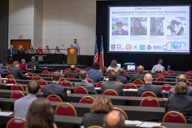 Jeff Pinsky, Chief of the Environmental Branch of the Regional Planning and Environmental Center for the U.S. Army Corps of Engineers Galveston District, leads a panel discussion on “Environmental Considerations for Sustainability” during the winter edition of the biannual Stakeholder Partnering Forum (SPF) at Galveston Island’s Moody Gardens Convention Center. This SPF’s theme is “Partnering for a Sustainable Future.” The Galveston District conducts semi-annual SPFs with non-federal sponsors, customers and agency partners to collaborate on best practices regarding programs ranging from ecosystem restoration to flood risk management, maintaining and improving Texas coastal navigation systems, and regulatory oversight of U.S. waters. 

U.S. Army photo by Trevor Welsh.