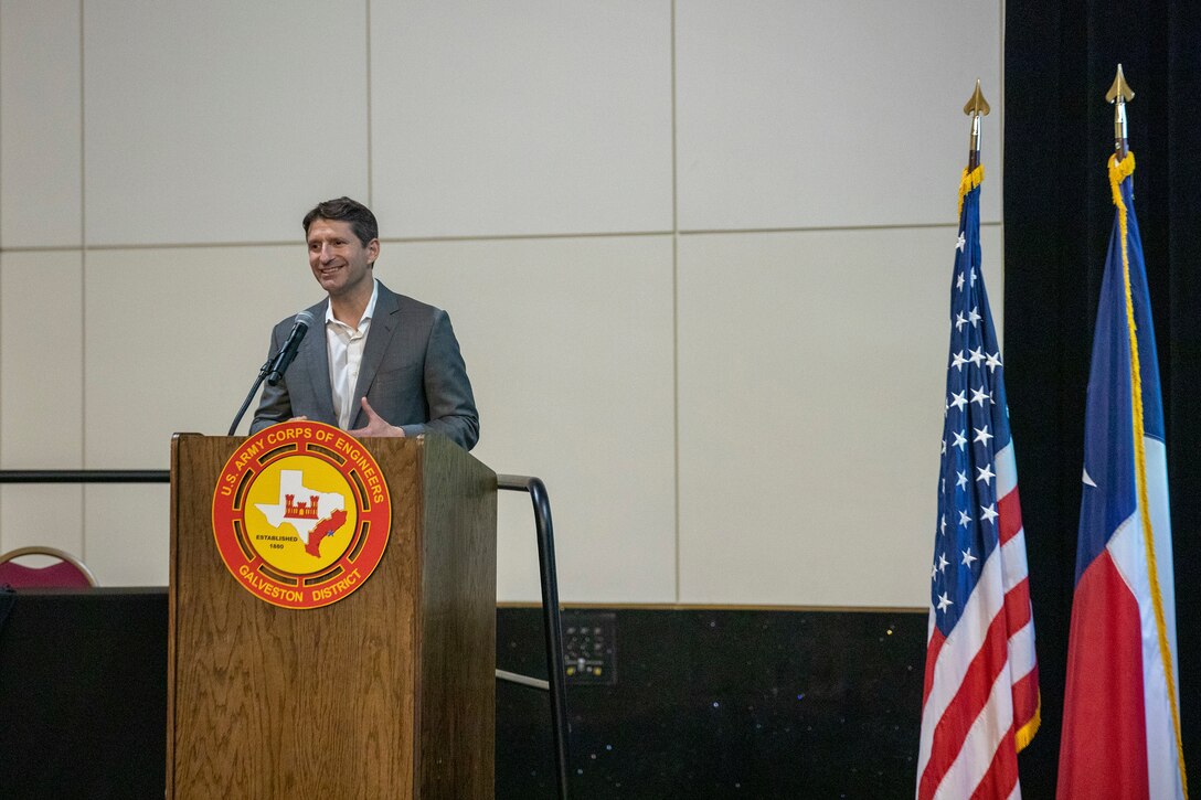 Justin R. Ehrenwerth, President and CEO of The Water Institute of the Gulf, delivers his keynote speech, “Enhancing benefits Evaluation for Water Resources Projects,” during the U.S. Army Corps of Engineers Galveston District’s winter edition of the biannual Stakeholder Partnering Forum (SPF) at Galveston Island’s Moody Gardens Convention Center. This SPF’s theme is “Partnering for a Sustainable Future.” The Galveston District conducts semi-annual SPFs with non-federal sponsors, customers and agency partners to collaborate on best practices regarding programs ranging from ecosystem restoration to flood risk management, maintaining and improving Texas coastal navigation systems, and regulatory oversight of U.S. waters. 

U.S. Army photo by Trevor Welsh.