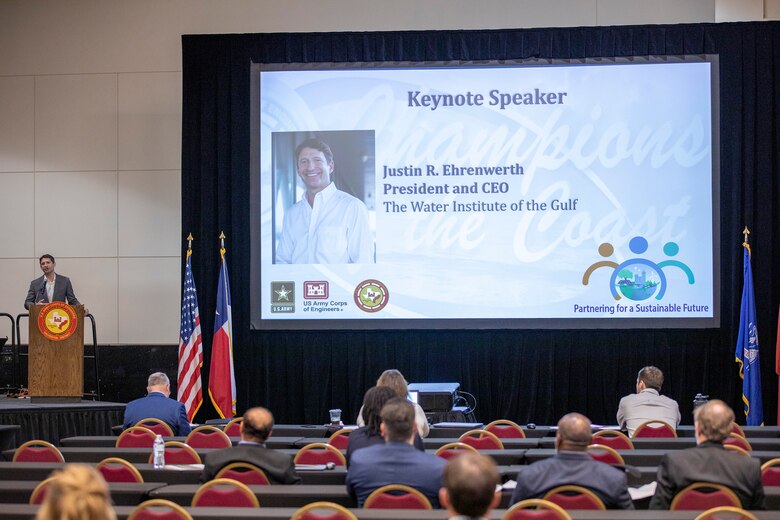 GALVESTON, Texas (Feb. 15, 2023) Justin R. Ehrenwerth, President and CEO of The Water Institute of the Gulf, delivers his keynote speech, “Enhancing benefits Evaluation for Water Resources Projects,” during the U.S. Army Corps of Engineers Galveston District’s winter edition of the biannual Stakeholder Partnering Forum (SPF) at Galveston Island’s Moody Gardens Convention Center. This SPF’s theme is “Partnering for a Sustainable Future.” The Galveston District conducts semi-annual SPFs with non-federal sponsors, customers and agency partners to collaborate on best practices regarding programs ranging from ecosystem restoration to flood risk management, maintaining and improving Texas coastal navigation systems, and regulatory oversight of U.S. waters. U.S. Army photo by Trevor Welsh.
