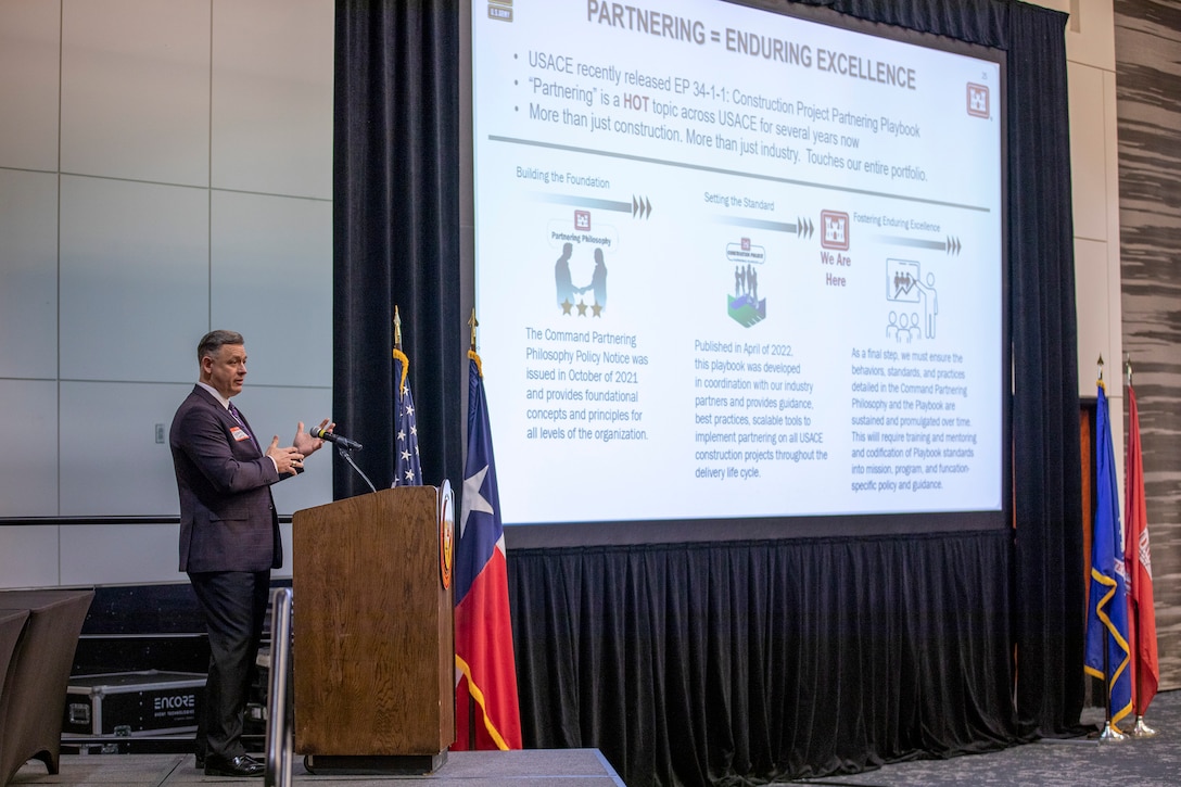 GALVESTON, Texas (Feb. 16, 2023) David Curry, Regional Chief of Contracting for the U.S. Army Corps of Engineers Southwestern Division delivers a presentation on “Contracting” to more than 260 attendees during Galveston District’s Industry Day. The district hosted the Industry Day for small- and medium-sized businesses and government contractors at Galveston Island’s Moody Gardens Convention Center. The purpose of the event is to present upcoming work, help small- and medium-sized businesses navigate through the contracting process, provide an opportunity for companies to network and meet potential vendors and subcontractors, and maximize interest in the Galveston District’s contracting requirements. U.S. Army photo by Trevor Welsh.