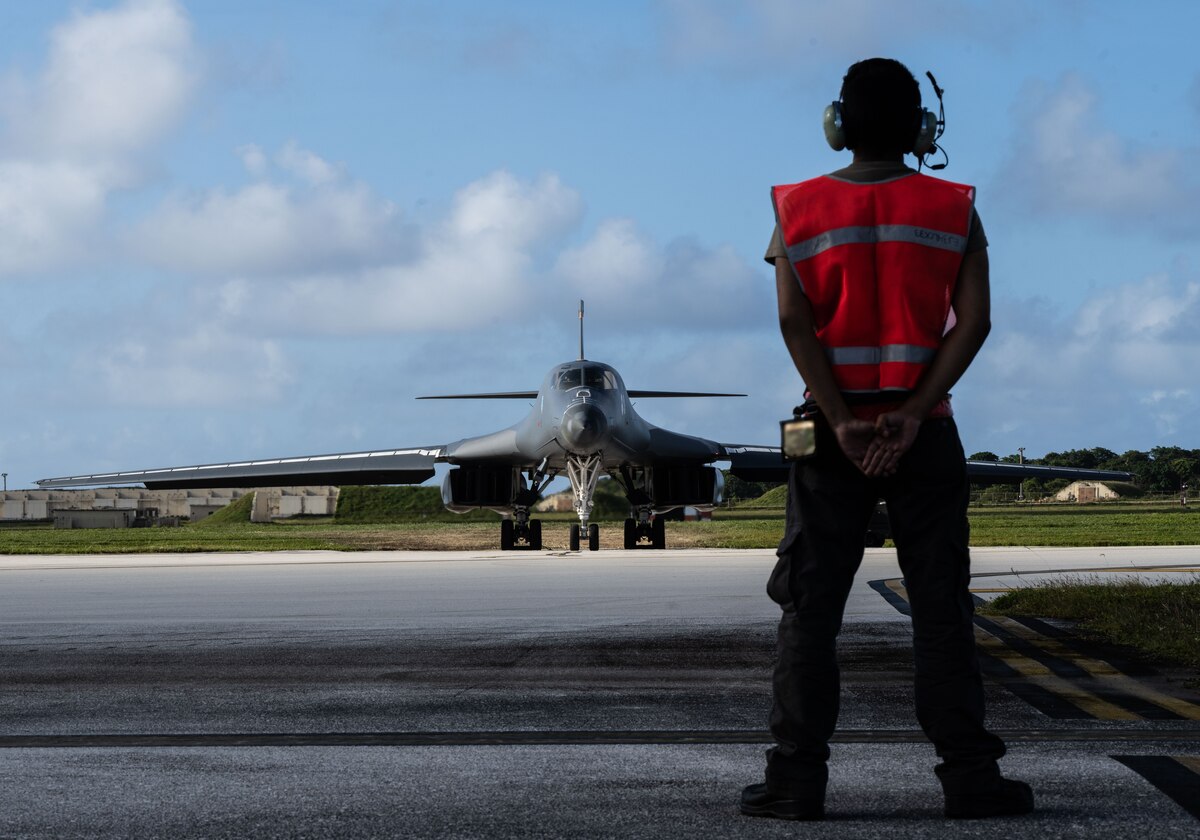 Ellsworth B-1B Lancers take off during Bomber Task Force Guam