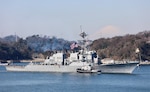 The Arleigh Burke-class guided-missile destroyer USS Barry (DDG 52) departs Commander Fleet Activities Yokosuka (CFAY) while shifting its homeport to Naval Station Everett, Washington, and bringing an end to nearly seven years of forward-deployed time in U.S. 7th Fleet. Barry was assigned to Task Force 71/Destroyer Squadron (DESRON) 15, the Navy's largest forward-deployed DESRON and U.S. 7th Fleet's principal surface force.