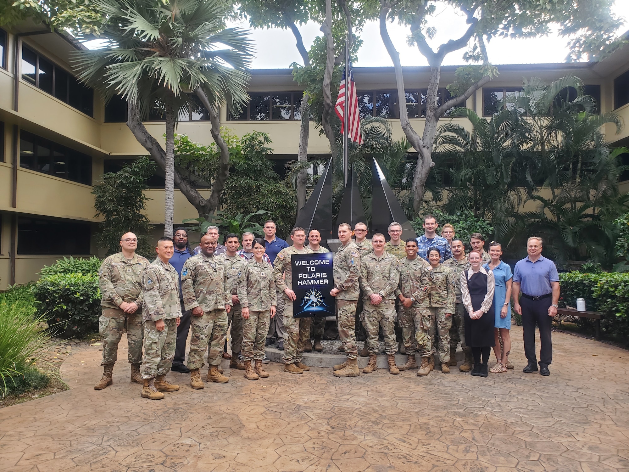 Members from the 392d Combat Training Squadron and participants of POLARIS HAMMER 23 exercise pose for a group photo at Joint Base Pearl Harbor-Hickam, Hawaii, Feb. 7, 2023. POLARIS HAMMER is the first exercise in the Department of Defense exclusively focused on the command and control of space warfighting forces. Initially developed as a command post exercise, the first iteration of POLARIS HAMMER was a table-top exercise in preparation for a full command post exercise in fiscal year 2024. (Courtesy photo)