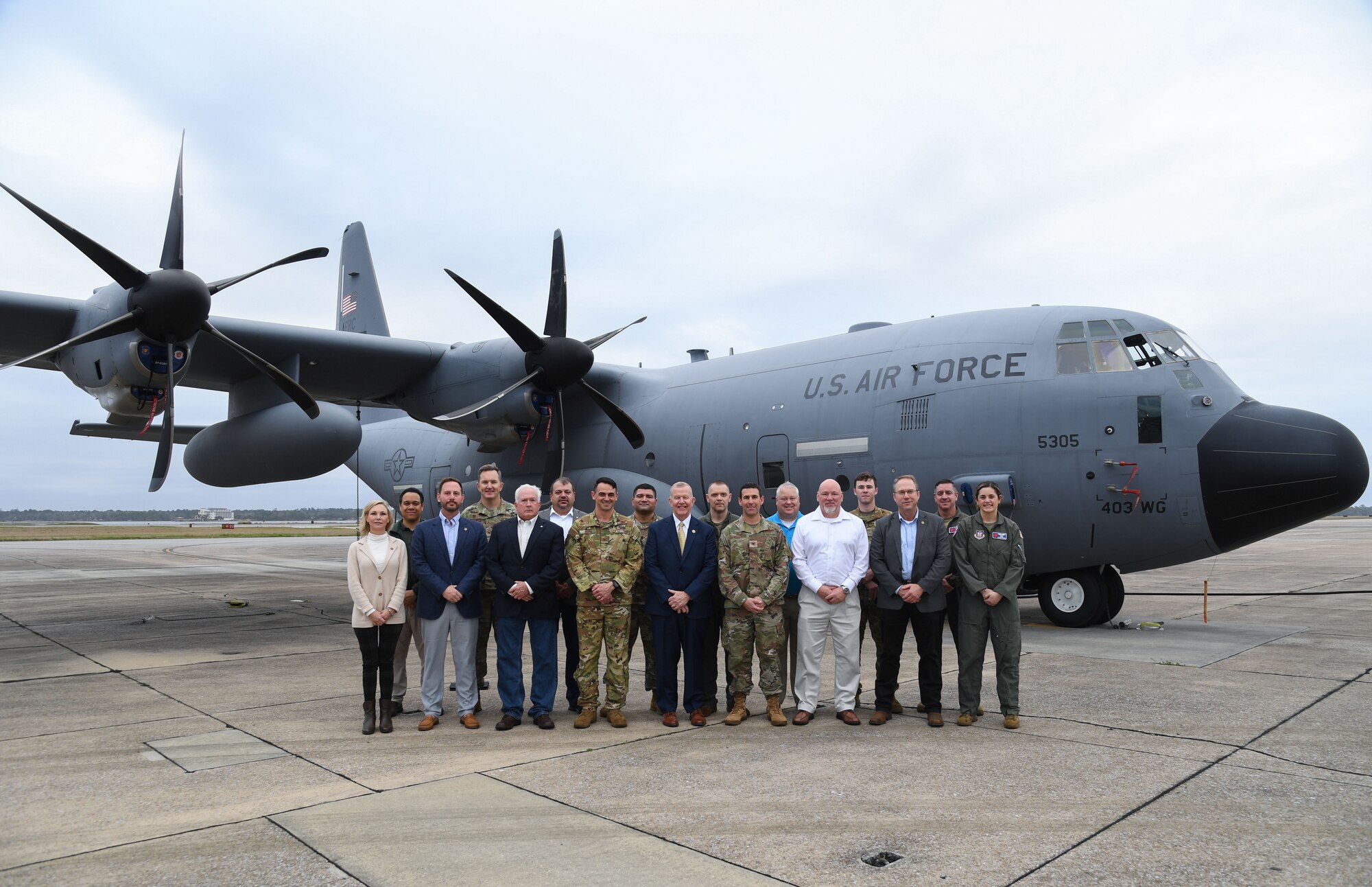 Keesler leadership poses for a group photo with Congressman Mike Ezell, South Mississippi 4th Congressional District representative, and his staff, during an immersion tour at Keesler Air Force Base, Mississippi, Feb. 15, 2023.