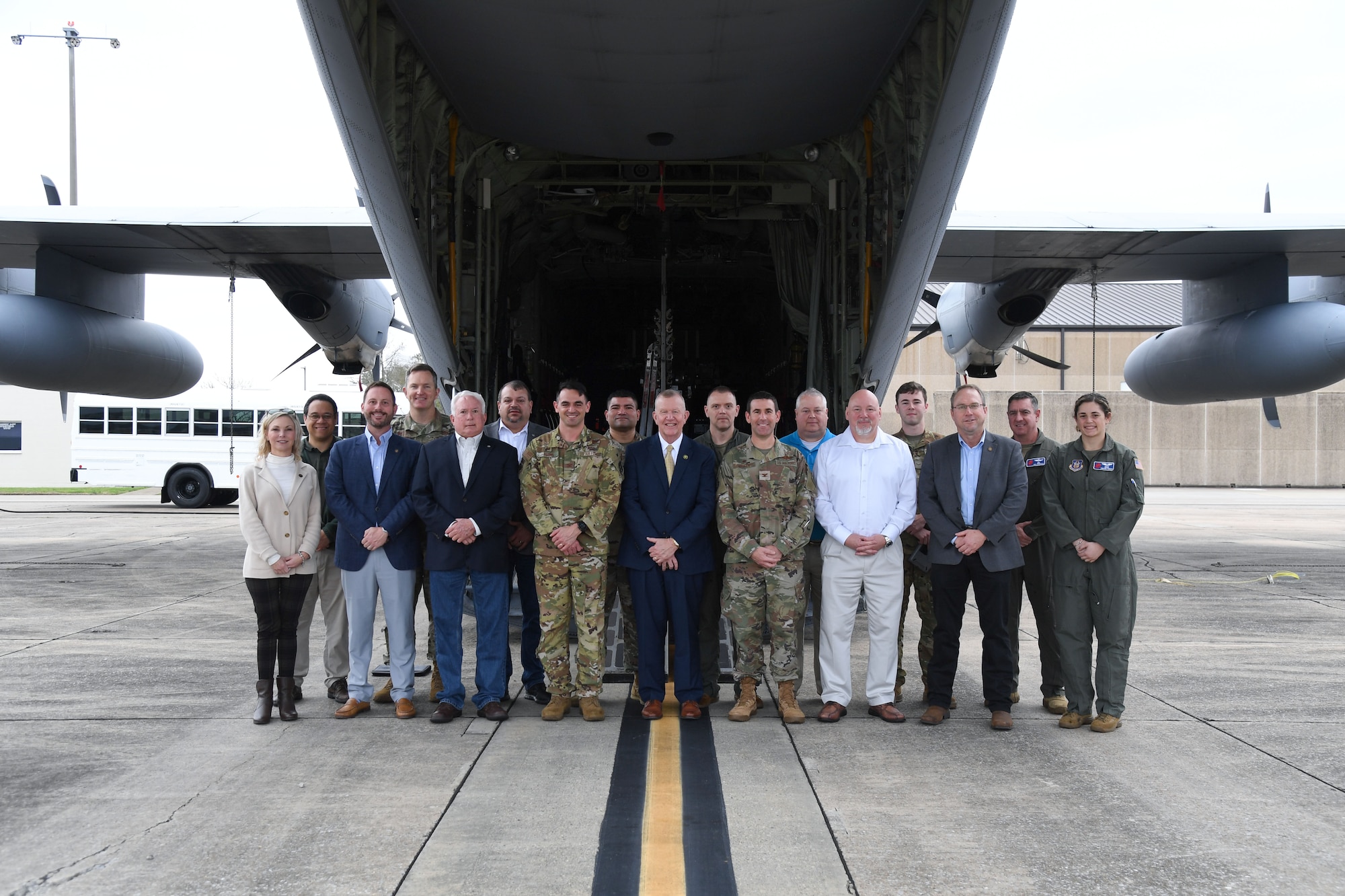Keesler leadership poses for a group photo with Congressman Mike Ezell, South Mississippi 4th Congressional District representative, and his staff, during an immersion tour at Keesler Air Force Base, Mississippi, Feb. 15, 2023.