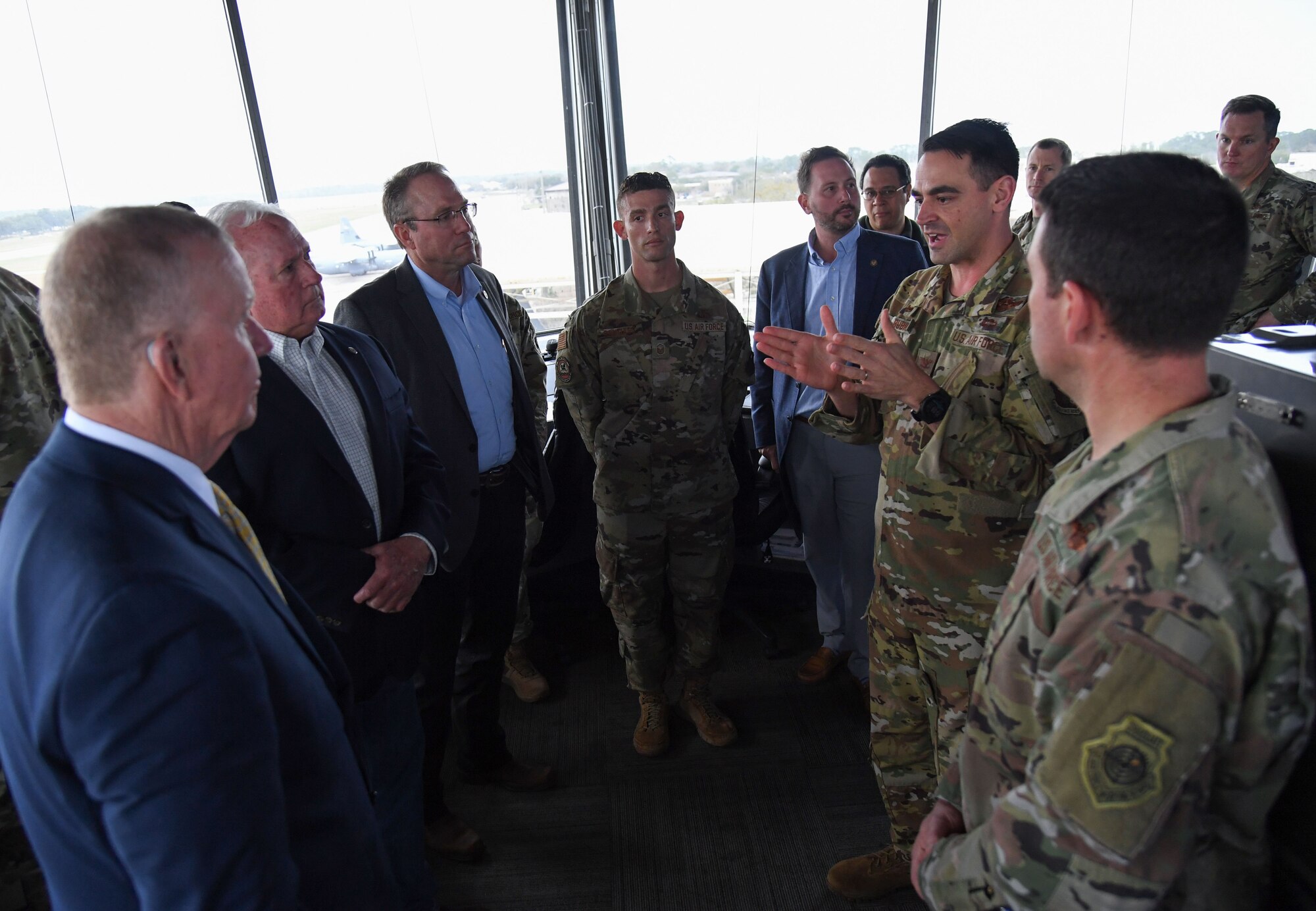 U.S. Air Force Col. Stuart Rubio, 403rd Wing commander, provides an air traffic control tower overview to Congressman Mike Ezell, South Mississippi 4th Congressional District representative, and his staff, during an immersion tour at Keesler Air Force Base, Mississippi, Feb. 15, 2023.