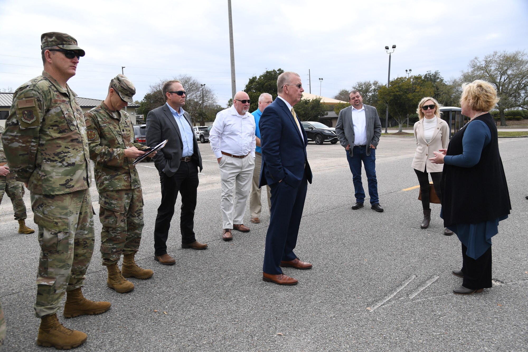 Dr. Lynn Soots, 81st Training Group training administrator, provides an overview of the proposed site for the new Cyber Center to Congressman Mike Ezell, South Mississippi 4th Congressional District representative, and his staff, during an immersion tour at Keesler Air Force Base, Mississippi, Feb. 15, 2023.