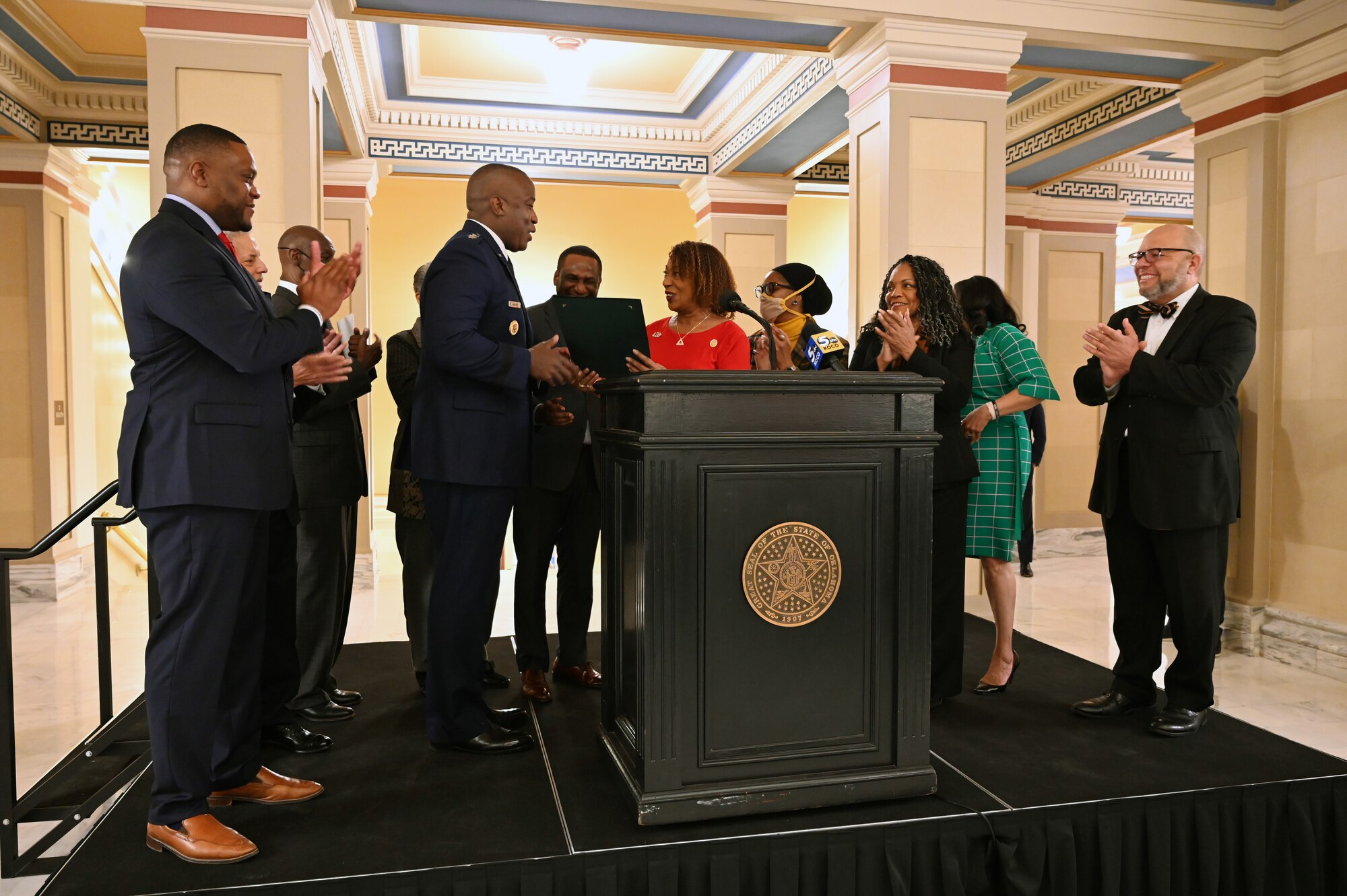 Lt. Gen. Stacey Hawkins, Air Force Sustainment Center commander, speaks to a crowd of students, community leaders, and Oklahoma State leaders during his keynote address at the inaugural Oklahoma Black History Day at the Capitol on Feb 13. (U.S. Air Force photo by Lemitchel King)