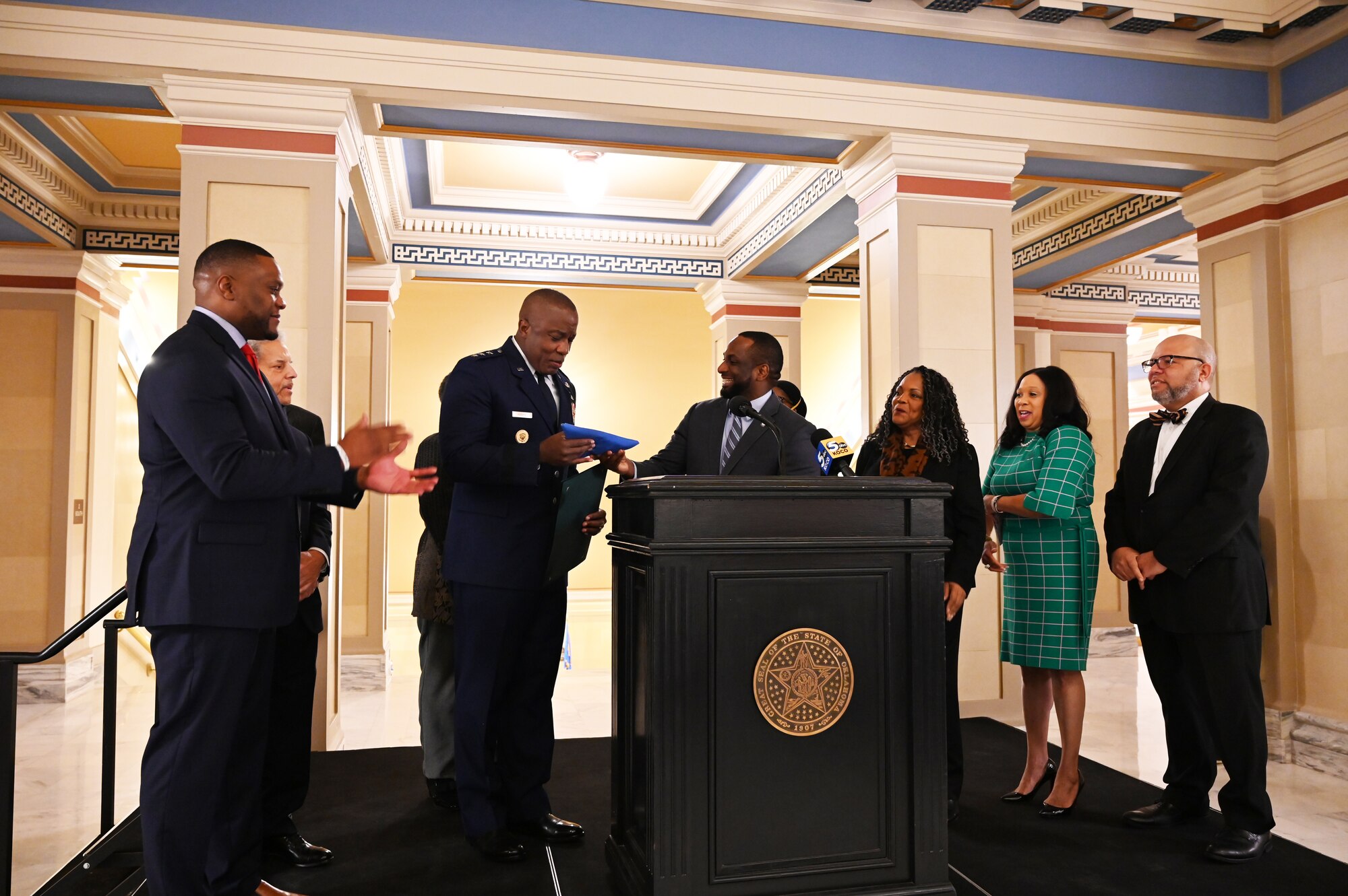 Lt. Gen. Stacey Hawkins, Air Force Sustainment Center commander, speaks to a crowd of students, community leaders, and Oklahoma State leaders during his keynote address at the inaugural Oklahoma Black History Day at the Capitol on Feb 13. (U.S. Air Force photo by Lemitchel King)