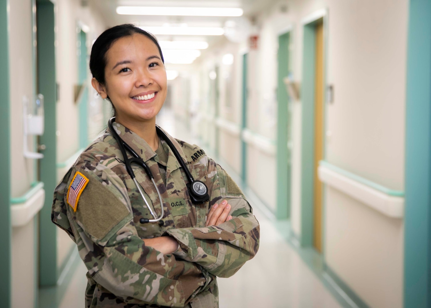 Officer Candidate Melissa Lewis, a student with the Phase II Interservice Physician Assistant Program at Landstuhl Regional Medical Center, is pictured  in the Orthopedic Clinic at LRMC. Lewis was recently involved in emergency situations during a six-hour flight from Israel to Portugal, where her medical expertise led to stabilizing distressed passengers along with a New Hampshire physician.