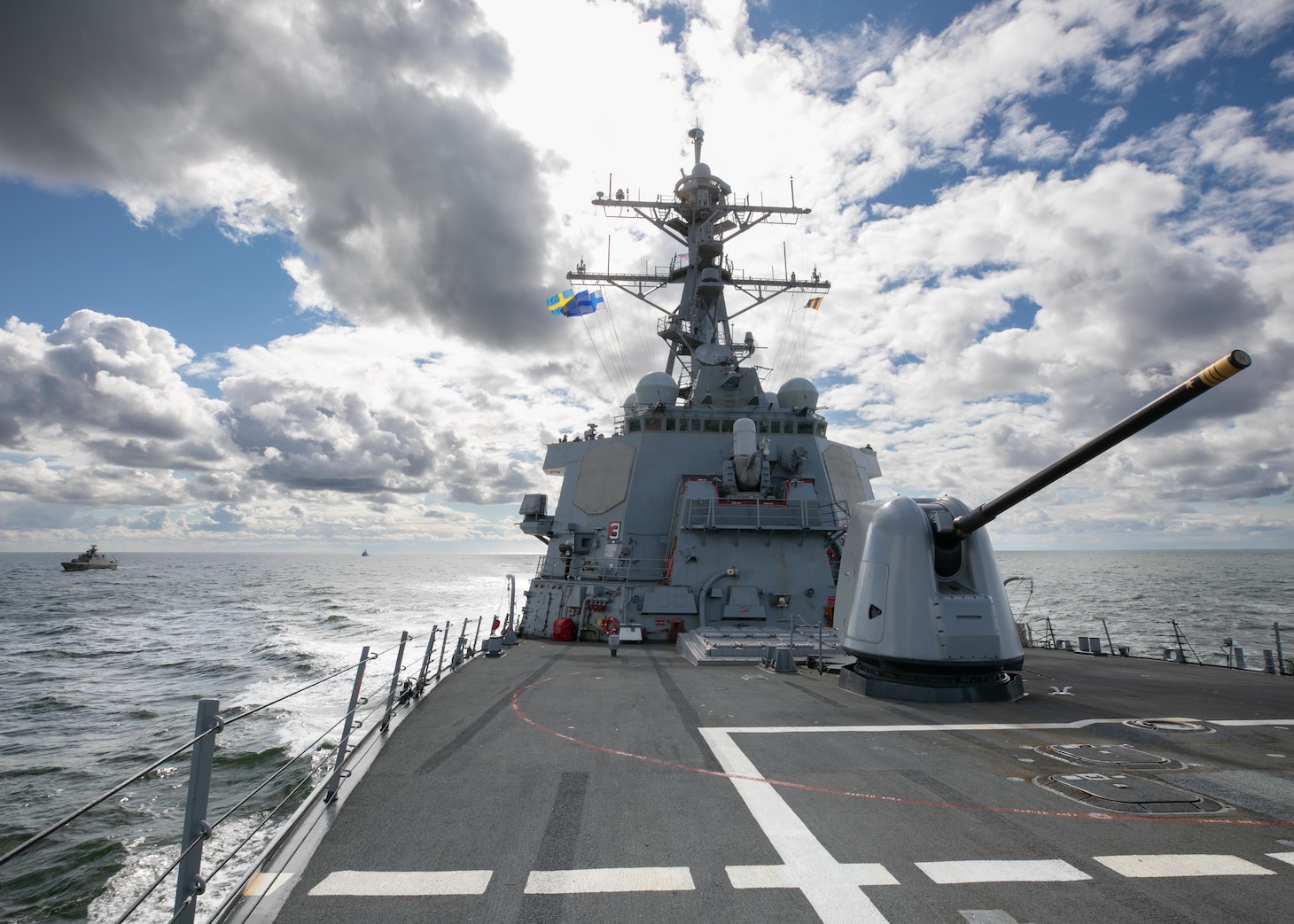 220715-N-DE439-1129 BALTIC SEA (July 15, 2022) The Arleigh Burke-class guided-missile destroyer USS Arleigh Burke (DDG 51) gets in formation during a ship maneuvering exercise with the Finnish Navy Hamina-class missile boat FNS Hamina (80) and the Swedish Navy ship HMS Kullen (M74), July 15, 2022. Arleigh Burke is on a scheduled deployment in the U.S. Naval Forces Europe area of operations, employed by U.S. Sixth Fleet to defend U.S., allied and partner interests. (U.S. Navy photo by Mass Communication Specialist 2nd Class Almagissel Schuring)