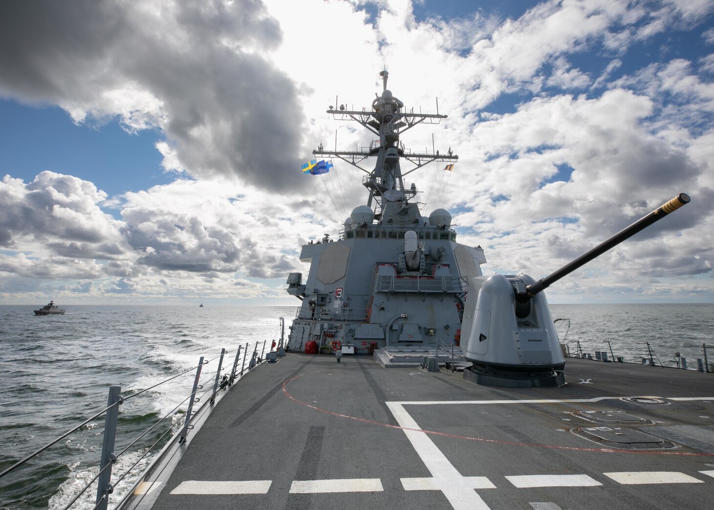 220715-N-DE439-1129 BALTIC SEA (July 15, 2022) The Arleigh Burke-class guided-missile destroyer USS Arleigh Burke (DDG 51) gets in formation during a ship maneuvering exercise with the Finnish Navy Hamina-class missile boat FNS Hamina (80) and the Swedish Navy ship HMS Kullen (M74), July 15, 2022. Arleigh Burke is on a scheduled deployment in the U.S. Naval Forces Europe area of operations, employed by U.S. Sixth Fleet to defend U.S., allied and partner interests. (U.S. Navy photo by Mass Communication Specialist 2nd Class Almagissel Schuring)