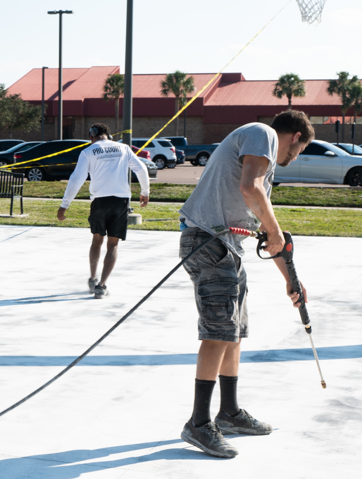 The basketball court, which was originally constructed in August 2012, received an estimated $28,000 in renovations to provide a safer playing surface for Airmen. (U.S. Air Force photo by Airman First Class Sterling Sutton)