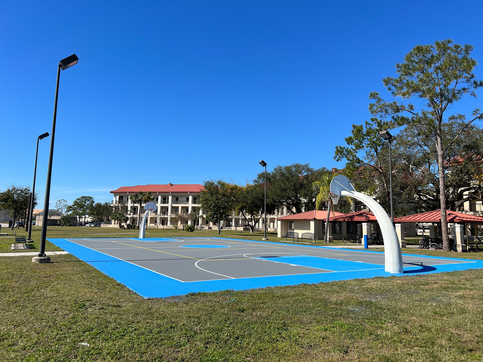 The basketball court, which was originally constructed in August 2012, received an estimated $28,000 in renovations to provide a safer playing surface for Airmen. (U.S. Air Force photo by Airman First Class Sterling Sutton)
