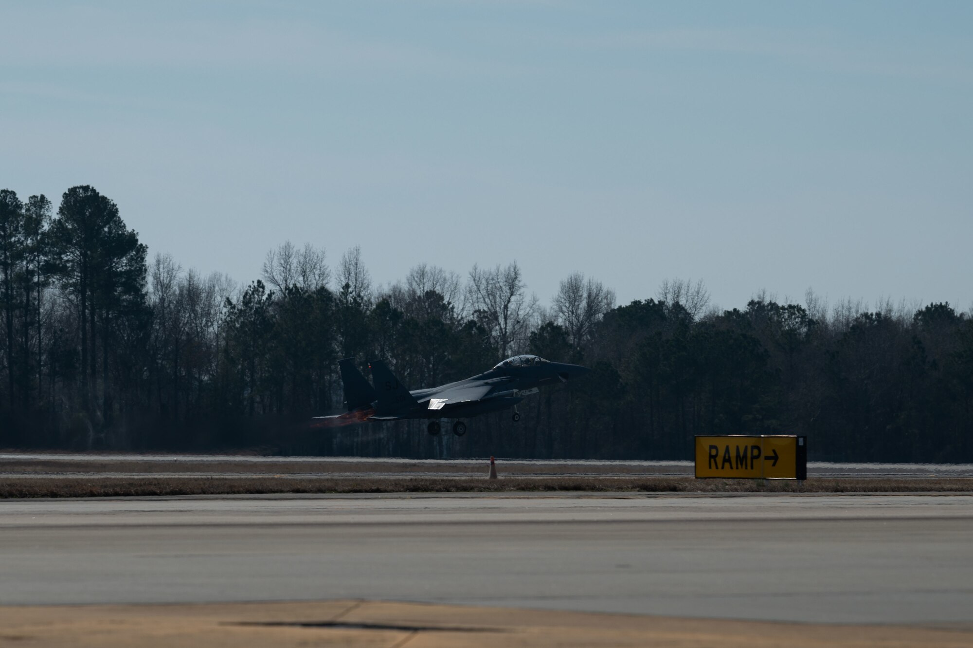 An F-15E Strike Eagle assigned to the 4th Fighter Wing takes off at Seymour Johnson Air Force Base, North Carolina, Feb. 7, 2023. The 4th FW is home to 94 Strike Eagle aircraft that are assigned to two operational and two training fighter squadrons. (U.S. Air Force photo by Airman 1st Class Rebecca Sirimarco-Lang)