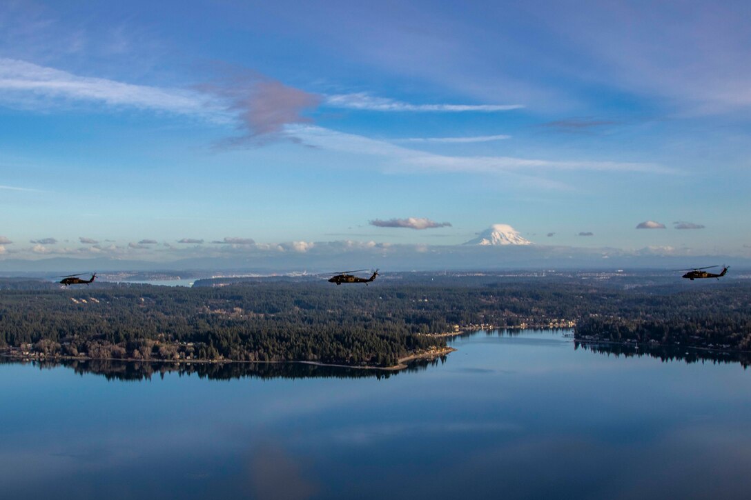 Three helicopters fly over water.