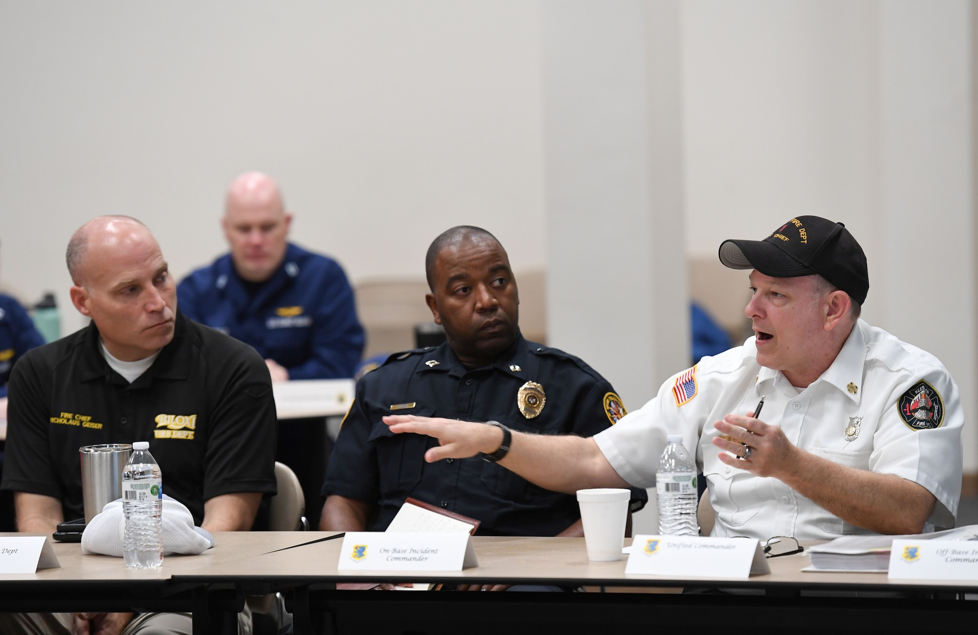 James Donnett, 81st Civil Engineer Squadron fire chief, makes remarks during a joint table top exercise inside the Roberts Consolidated Aircraft Maintenance Facility at Keesler Air Force Base, Mississippi, Feb. 16, 2023.