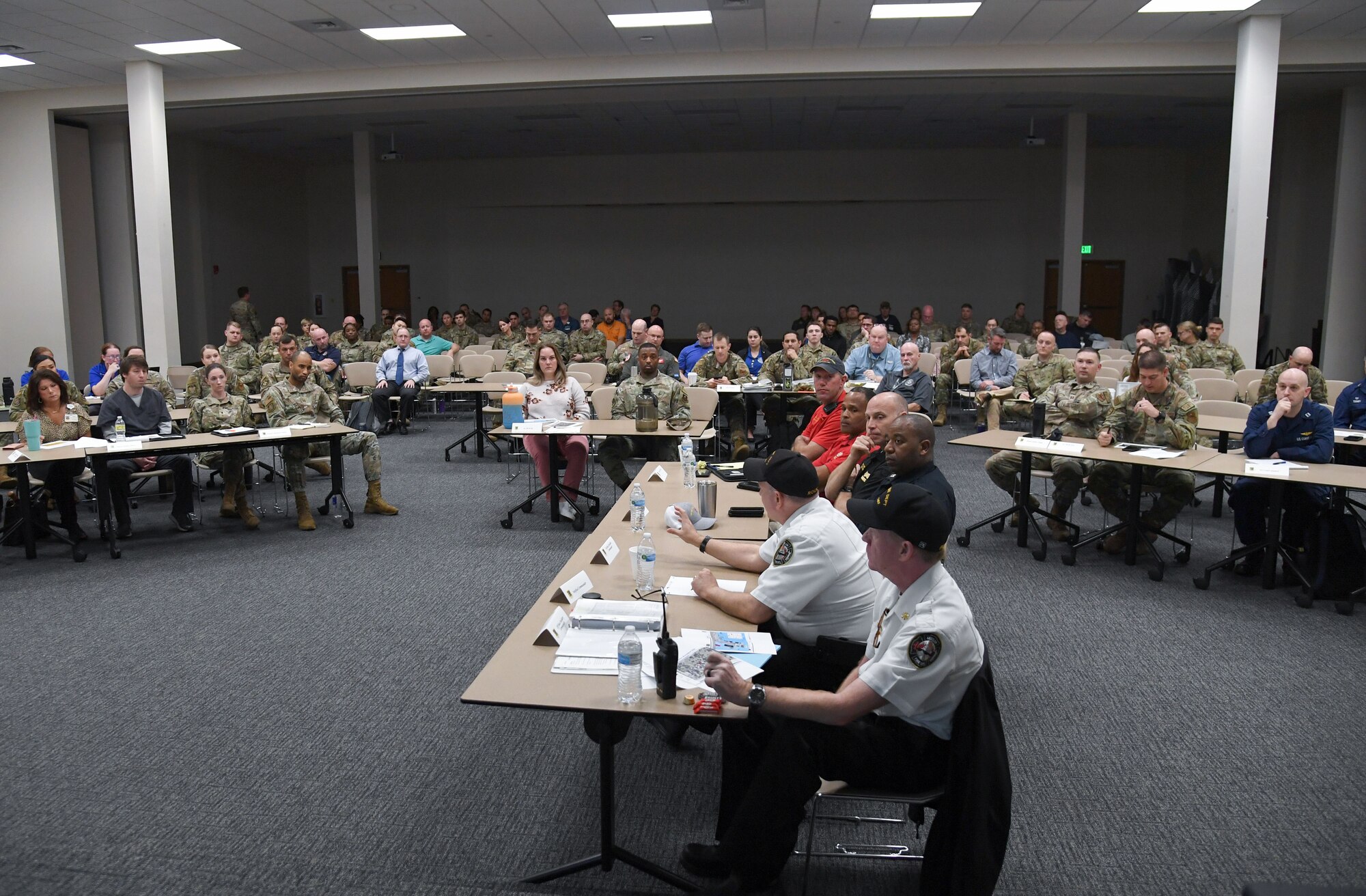 James Donnett, 81st Civil Engineer Squadron fire chief, makes remarks during a joint table top exercise inside the Roberts Consolidated Aircraft Maintenance Facility at Keesler Air Force Base, Mississippi, Feb. 16, 2023.