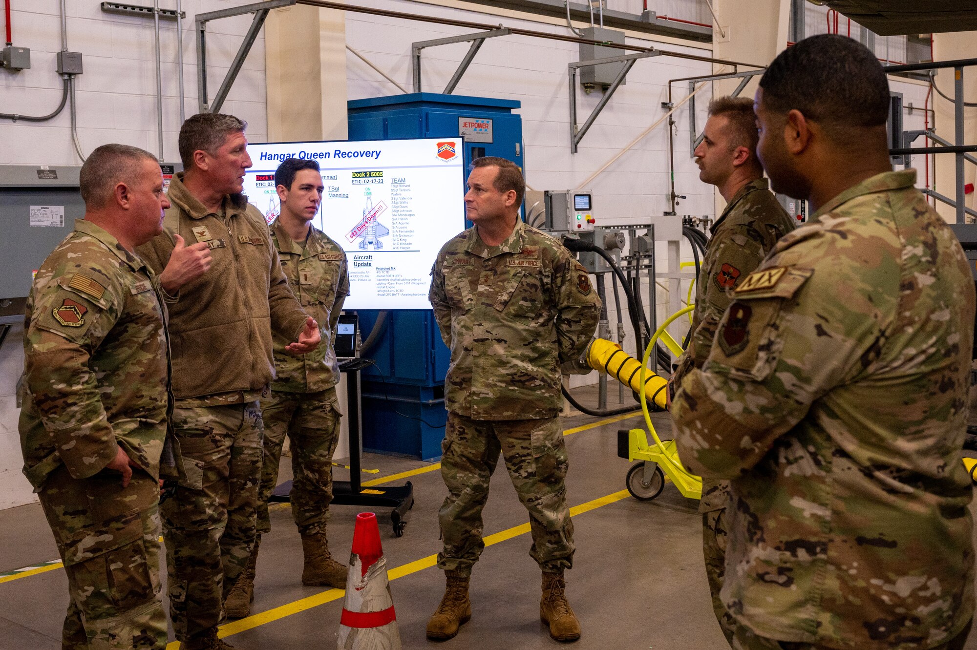 Maj. Gen. Phillip Stewart, 19th Air Force commander (center), and Chief Master Sgt. Justin Apticar, 19th Air Force command chief (far left), engage with Airmen at Luke Air Force Base, Arizona, Feb. 15, 2023.