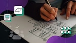 Photo of hands sketching design layouts on a sheet of paper. Overlaying the photo are the following elements: teal-colored icons that represent principles of designs such as asymmetrical balance, message, audience, and rhythm along with purple flowing shapes and dotted lines.