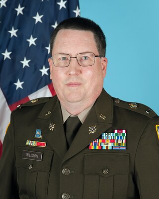 Command photo of Chief Warrant Officer 5 David W. Willson in Army Service Green Uniform.
