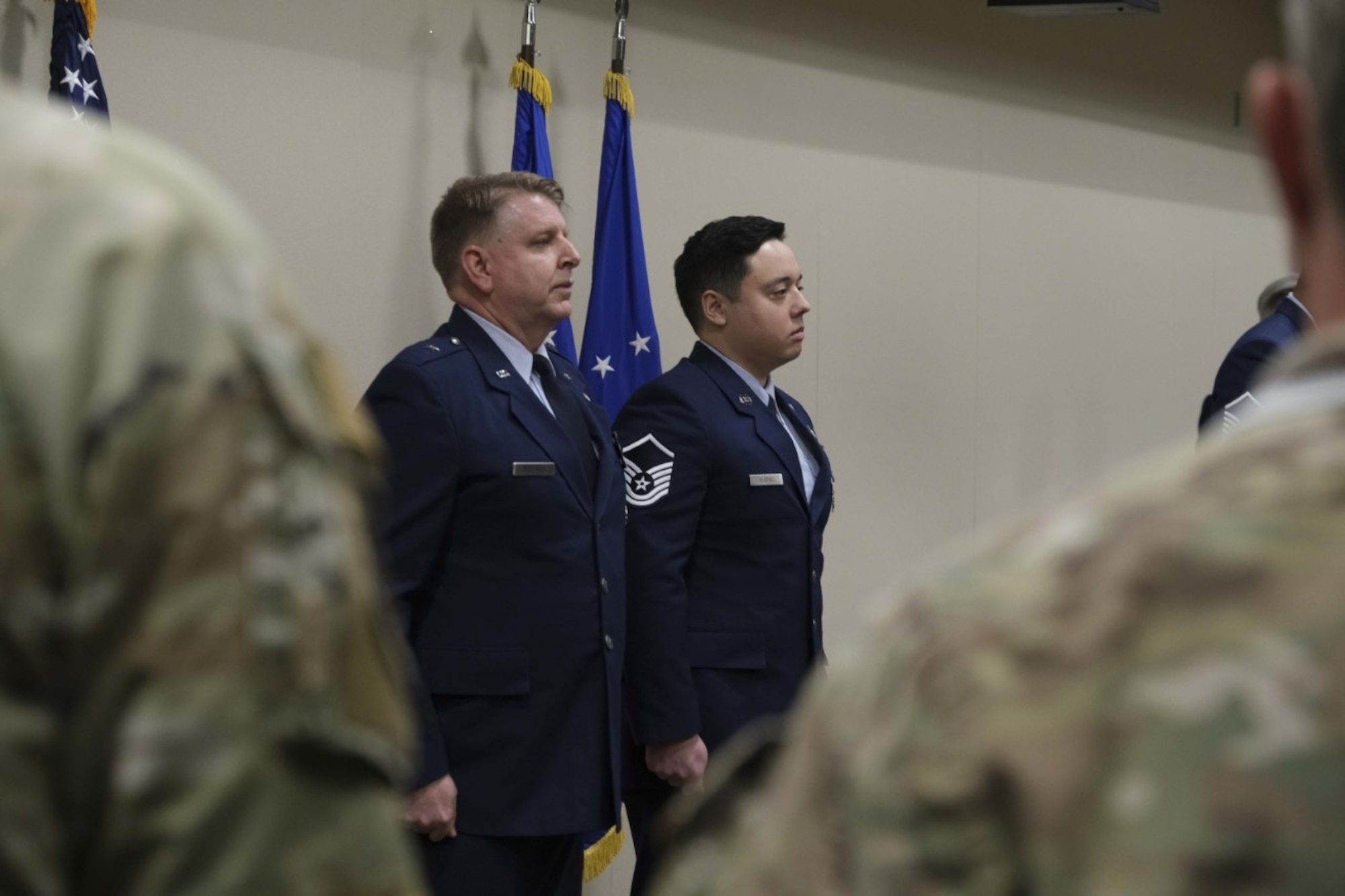 Special Agent Joshua Klepac, right, who deployed as part of OSI Expeditionary Detachment 2506 to Camp Simba in Manda Bay, Kenya, from Nov. 2019 to Feb. 2020, received the Bronze Star with Valor for his actions during a presentation ceremony at OSI headquarters in Quantico, Virginia. (U.S. Air Force photo by Tech. Sgt. Joshua King, OSI/PA)