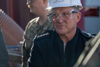 SAN DIEGO (Feb. 15, 2023) - Chief of Naval Operations (CNO) Adm. Mike Gilday meets with Sailors and civilians while touring the General Dynamics NASSCO Shipyard in San Diego, Feb. 15. Gilday travelled to San Diego to visit local commands and shipyards, engage with Sailors, and deliver remarks during WEST 2023. (U.S. Navy photo by Mass Communication Specialist MC1 Michael B. Zingaro/released)