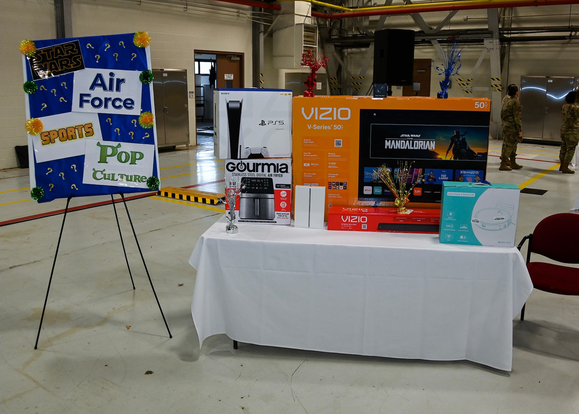 Prizes sit on display at the 316th Wing 2022 Annual Awards Ceremony at Joint Base Andrews, Md., Feb. 16, 2023. The members of the 316th Wing had an opportunity to answer questions on various topics to win prizes. (U.S. Air Force photo by Airman 1st Class Matthew-John Braman)