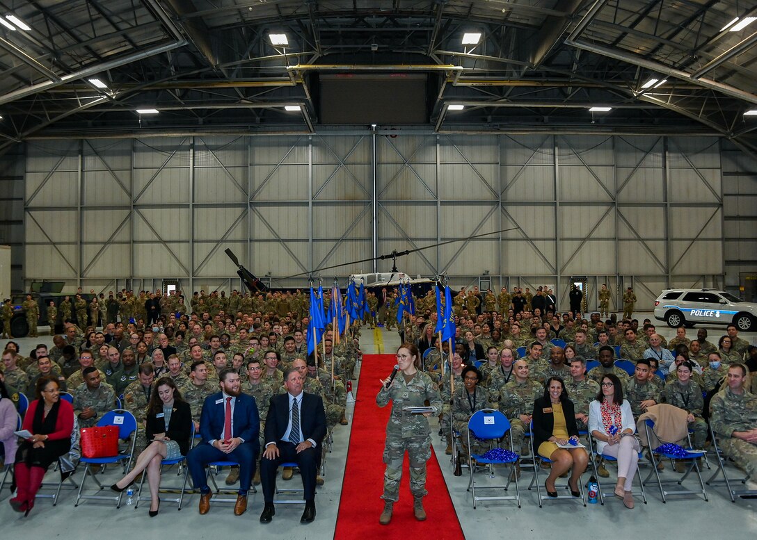 Members of the 316th Wing gather at the 2022 Annual Awards Ceremony at Joint Base Andrews, Md., Feb. 16, 2023. The wing incorporated a gameshow into the annual awards ceremony. (U.S. Air Force photo by Airman 1st Class Matthew-John Braman)