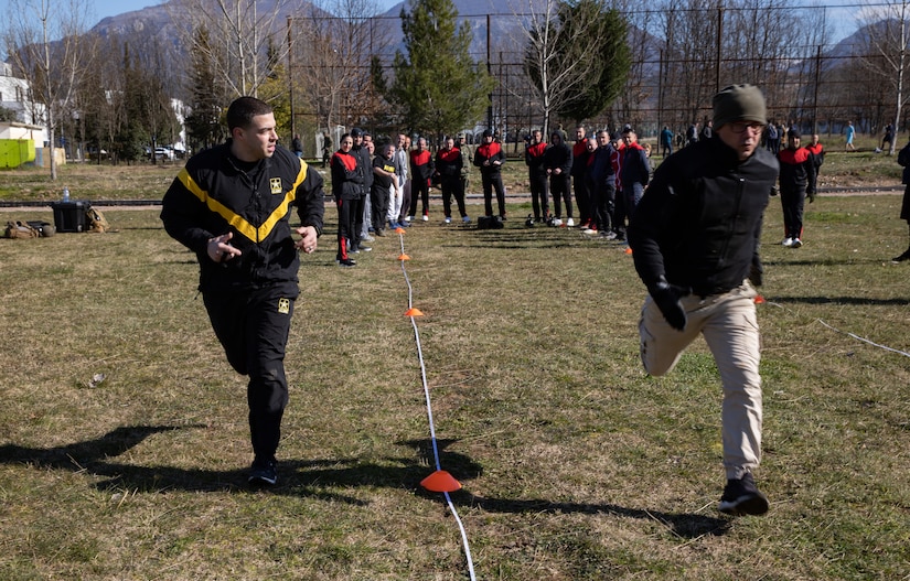 First Sgt. Andy Marte, of the 254th Regiment, New Jersey Army National Guard, instructs noncommissioned officers of the Albanian Armed Forces through Army Combat Fitness Test exercises during NCO development training at Zall-Herr NCO Academy, Tirana, Albania, Feb. 8, 2023, as part of the State Partnership Program between the New Jersey National Guard and the AAF.
