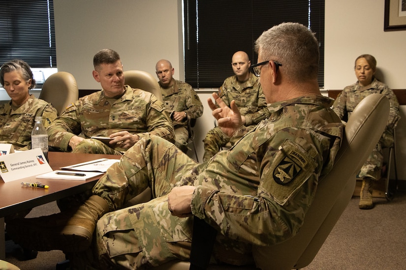 Maj. Gen. Martin F. Klein, commanding general, 75th Innovation Command, U.S. Army Reserve, explains the 75th IC’s philosophy of support to Gen. James E. Rainey (right), commanding general, Army Futures Command, during a briefing conducted 75th IC headquarters Feb. 14, 2022, in Joint Reserve Base Ellington Field in Houston. The 75th supports Army Futures Command through talent management, academic engagement, technical reconnaissance and protection and subject matter expertise and support. The two generals outlined their commands’ respective vision and mission while discussing ways to synchronize their priorities to deliver the Army of 2030 and develop the Army 2040 that will dominate the land battlespace against any adversary. This and similar engagements among senior leaders help ensure that the vision, mission and capabilities of the 75th IC align with those of AFC and U.S. Army Reserve Command. (U.S. Army photo by Staff Sgt. John L. Carkeet IV, 75th Innovation Command, U.S. Army Reserve)
