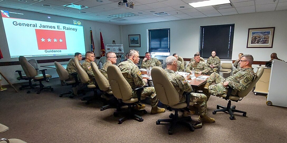 Gen. James E. Rainey, commanding general, Army Futures Command, speaks with senior leaders at the 75th Innovation Command about the present state and future opportunities for the Army and Army Reserve Feb. 14, 2022, at 75th IC headquarters in Joint Reserve Base Ellington Field in Houston. Rainey outlined AFC’s priorities and functions while discussing ways to synchronize them with the vision, mission and capabilities of the 75th to transform the Army to ensure war winning future readiness. Headquartered in Austin, Texas, AFC has more than 17,000 personnel worldwide. It is the newest of the Army’s four major commands, established in 2018 to ensure the Army and its Soldiers remain at the forefront of technological innovation and warfighting ability. (U.S. Army photo by Staff Sgt. John L. Carkeet, 75th Innovation Command, U.S. Army Reserve)
