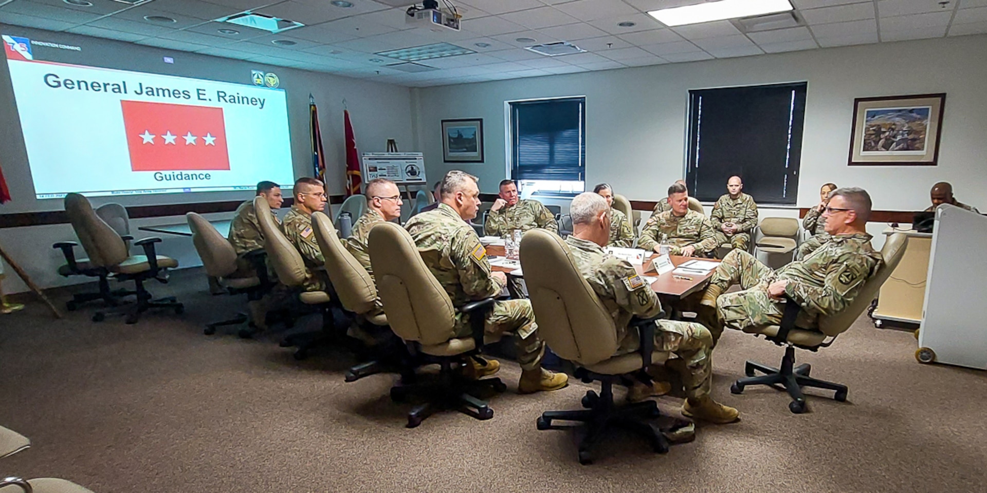 Gen. James E. Rainey, commanding general, Army Futures Command, speaks with senior leaders at the 75th Innovation Command about the present state and future opportunities for the Army and Army Reserve Feb. 14, 2022, at 75th IC headquarters in Joint Reserve Base Ellington Field in Houston. Rainey outlined AFC’s priorities and functions while discussing ways to synchronize them with the vision, mission and capabilities of the 75th to transform the Army to ensure war winning future readiness. Headquartered in Austin, Texas, AFC has more than 17,000 personnel worldwide. It is the newest of the Army’s four major commands, established in 2018 to ensure the Army and its Soldiers remain at the forefront of technological innovation and warfighting ability. (U.S. Army photo by Staff Sgt. John L. Carkeet, 75th Innovation Command, U.S. Army Reserve)