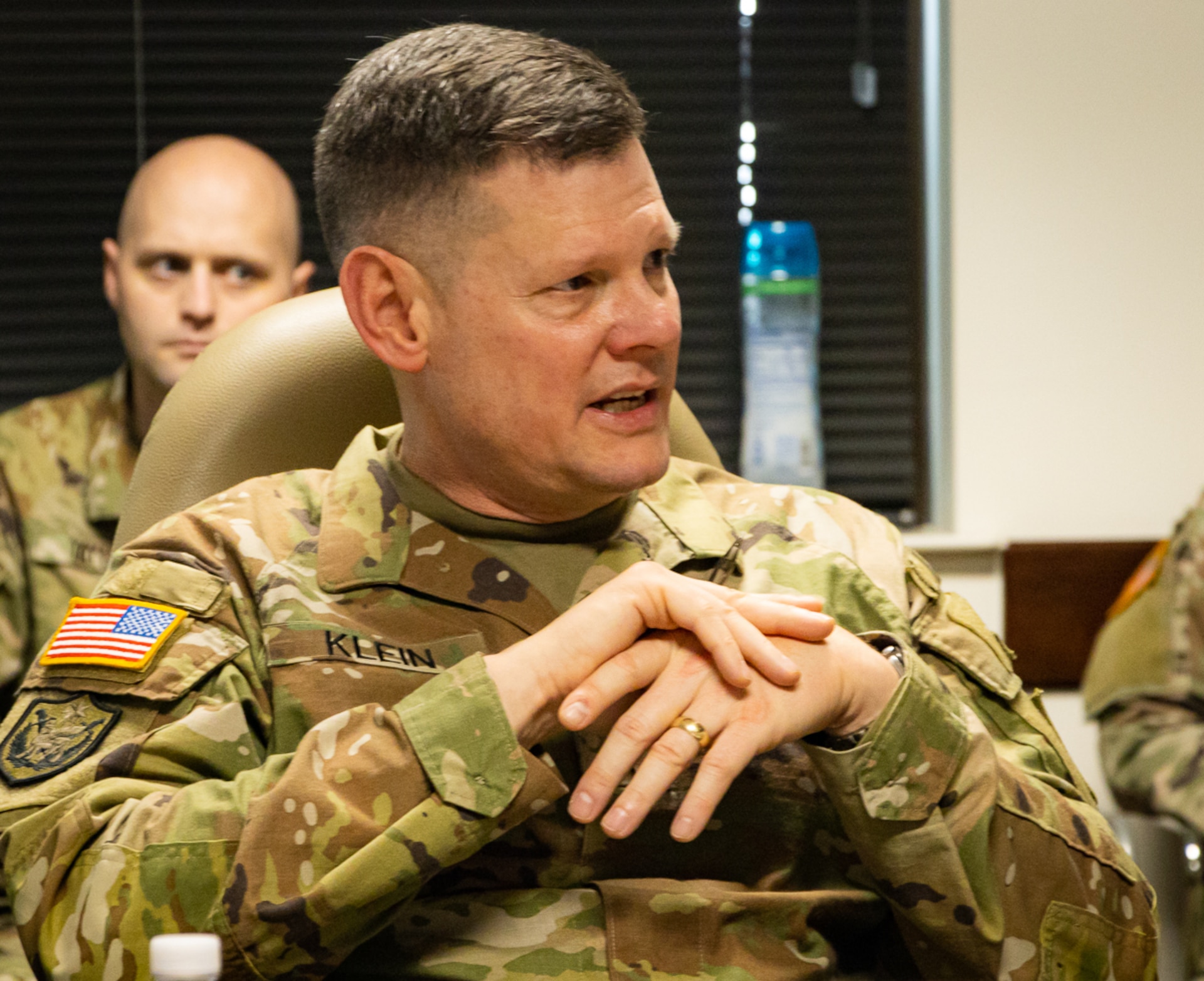 Maj. Gen. Martin F. Klein, commanding general, 75th Innovation Command, U.S. Army Reserve, explains the 75th IC’s philosophy of support to Gen. James E. Rainey, commanding general, Army Futures Command, during a briefing conducted 75th IC headquarters Feb. 14, 2022, in Joint Reserve Base Ellington Field in Houston. The 75th supports Army Futures Command through talent management, academic engagement, technical reconnaissance and protection and subject matter expertise and support. The two generals outlined their commands’ respective vision and mission while discussing ways to synchronize their priorities to deliver the Army of 2030 and develop the Army 2040 that will dominate the land battlespace against any adversary. This and similar engagements among senior leaders help ensure that the vision, mission and capabilities of the 75th IC align with those of AFC and U.S. Army Reserve Command. The mission of the 75th IC  is to rapidly enhance the strategic readiness of the Army by providing direct support to Army Futures Command's priorities: People, Design Army 2040, and Deliver Army 2030.  ​



​(U.S. Army photo by Staff Sgt. John L. Carkeet IV, 75th Innovation Command, U.S. Army Reserve)
