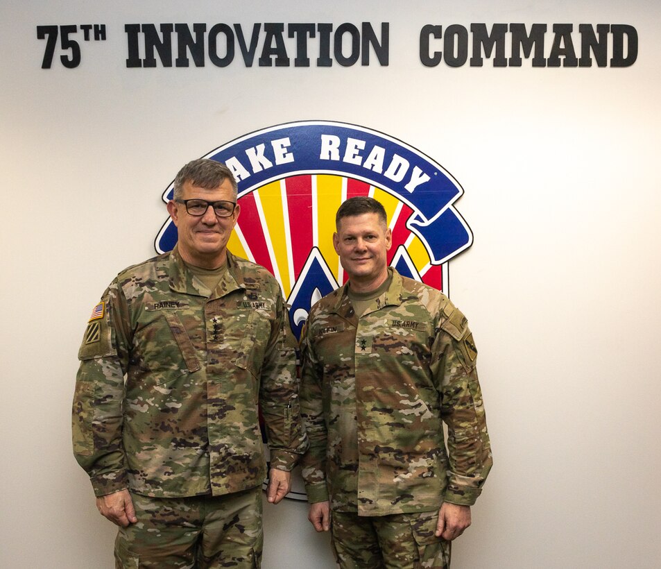 Gen. James E. Rainey (left), commanding general, Army Futures Command, joins Maj. Gen. Martin F. Klein, commanding general, 75th Innovation Command, U.S. Army Reserve, for a photo Feb. 14, 2022, at 75th IC headquarters in Joint Reserve Base Ellington Field in Houston. The two generals briefed their commands’ respective vision and mission while discussing ways to synchronize their priorities to deliver the Army of 2030 and develop the Army 2040 that will dominate the land battlespace against any adversary. Headquartered in Austin, Texas, AFC has more than 17,000 personnel worldwide. It is the newest of the Army’s four major commands, established in 2018 to ensure the Army and its Soldiers remain at the forefront of technological innovation and warfighting ability. (U.S. Army photo by Staff Sgt. John L. Carkeet IV, 75th Innovation Command, U.S. Army Reserve)