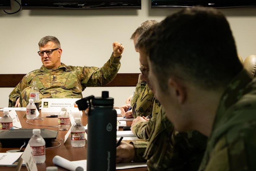 Gen. James E. Rainey, commanding general, Army Futures Command, speaks with senior leaders at the 75th Innovation Command about the present state and future opportunities for the Army and Army Reserve Feb. 14, 2022, at 75th IC headquarters in Joint Reserve Base Ellington Field in Houston. Rainey outlined AFC’s priorities and functions while discussing ways to synchronize them with the vision, mission and capabilities of the 75th to transform the Army to ensure war winning future readiness. Gen. James E. Rainey, commanding general, Army Futures Command, speaks with senior leaders at the 75th Innovation Command about the present state and future opportunities for the Army and Army Reserve Feb. 14, 2022, at 75th IC headquarters in Joint Reserve Base Ellington Field in Houston. Rainey outlined AFC’s priorities and functions while discussing ways to synchronize them with the vision, mission and capabilities of the 75th to transform the Army to ensure war winning future readiness. Headquartered in Austin, Texas, AFC has more than 17,000 personnel worldwide. AFC is the newest of the Army’s four major commands, established in 2018 to ensure the Army and its Soldiers remain at the forefront of technological innovation and warfighting ability. (U.S. Army photo by Staff Sgt. John L. Carkeet IV, 75th Innovation Command, U.S. Army Reserve)(U.S. Army photo by Staff Sgt. John L. Carkeet IV, 75th Innovation Command, U.S. Army Reserve)