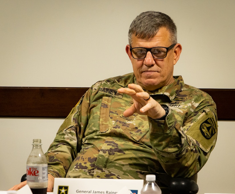Gen. James E. Rainey, commanding general, Army Futures Command, speaks with senior leaders at the 75th Innovation Command about the present state and future opportunities for the Army and Army Reserve Feb. 14, 2022, at 75th IC headquarters in Joint Reserve Base Ellington Field in Houston. Rainey outlined AFC’s priorities and functions while discussing ways to synchronize them with the vision, mission and capabilities of the 75th to transform the Army to ensure war winning future readiness. Headquartered in Austin, Texas, AFC has more than 17,000 personnel worldwide. It is the newest of the Army’s four major commands, established in 2018 to ensure the Army and its Soldiers remain at the forefront of technological innovation and warfighting ability. (U.S. Army photo by Staff Sgt. John L. Carkeet IV, 75th Innovation Command, U.S. Army Reserve)